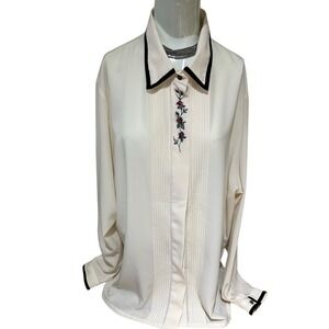 VTG Koret Ivory Embroidered Flowers Blouse Black Trim Pleated Office‎ Top Sz 20